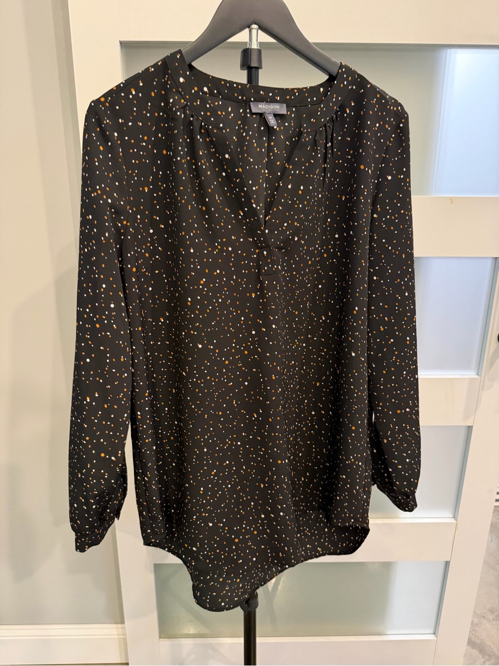 Madison Black Dot-Print V-Neck Long-Sleeve Blouse